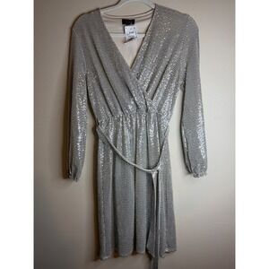 J.M. Studio John Meyer Silver Sequin Wrap Midi Dress Long Sleeve Sz 6 Y2K Glam